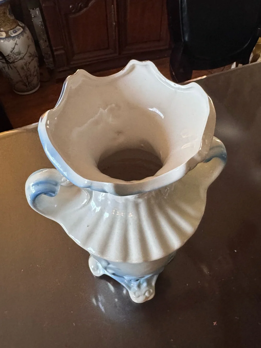 Blue Porcelain Floral Accent Vase with Yellow and Pink Flowers